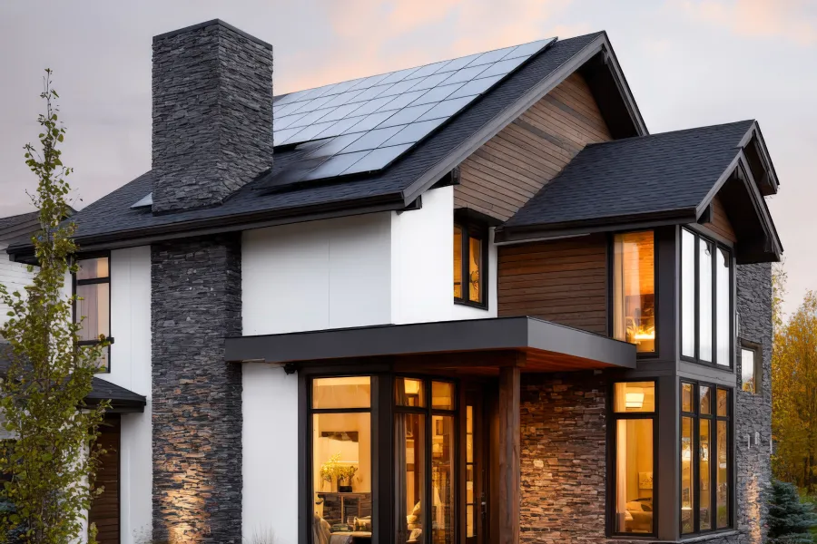 Modern residential architecture with solar panels and landscaped garden in Denver, CO